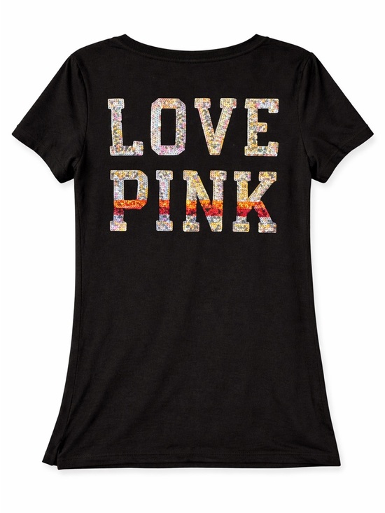 PINK Victoria's Secret Tops - Victoria’s Secret PINK Black Sequin “LOVE PINK” Tee | Short Sleeve V-Neck